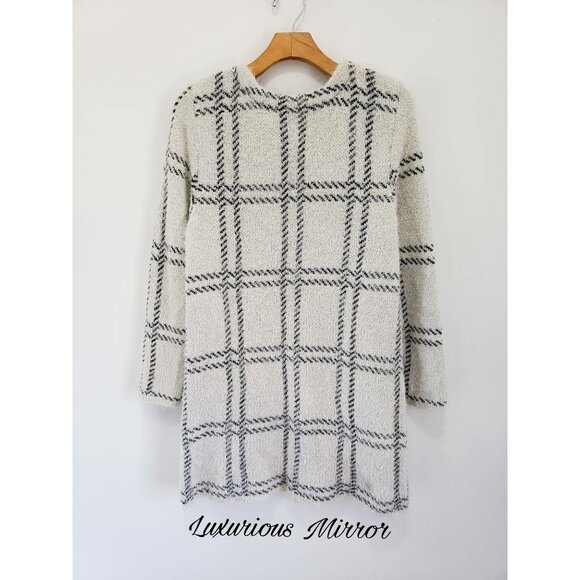 August Silk Windowpane Jacket Coat Ivory Black Hook And Eye Pockets Womens M New - Picture 4 of 9